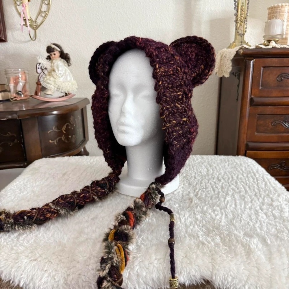 Handcrafted Bear Ear Knit Hat - Maroon and Multicolor